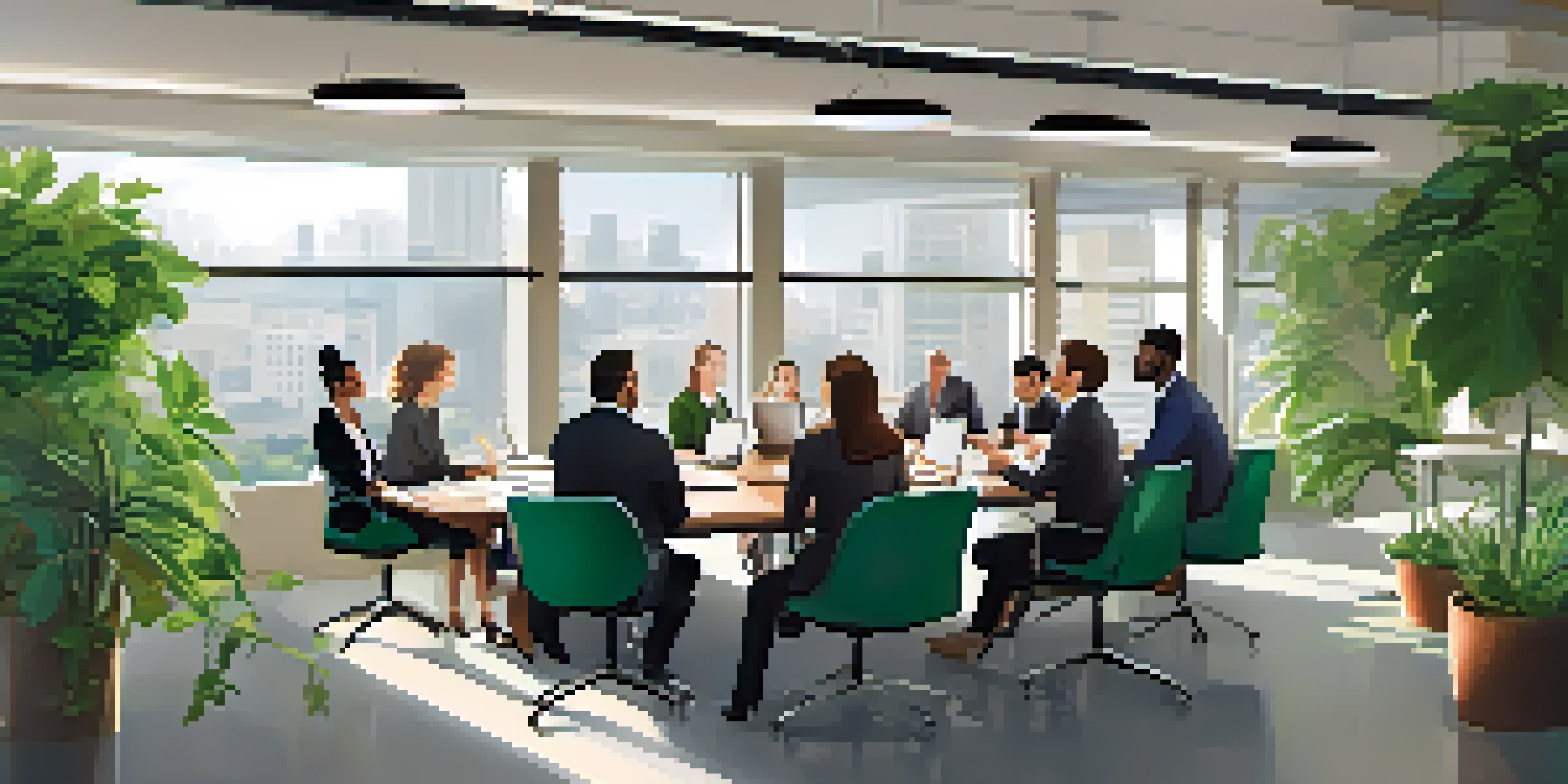 A diverse group of professionals collaborating in a bright office meeting room, surrounded by natural light and greenery.