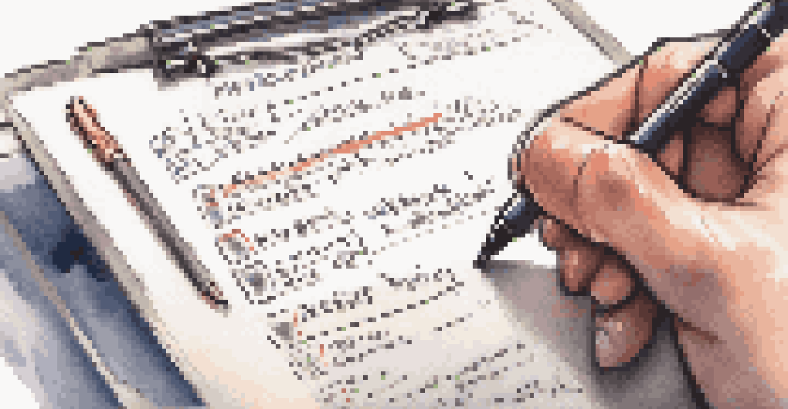 A close-up of a hand writing action items on a notepad after receiving feedback, with a blurred computer screen in the background.