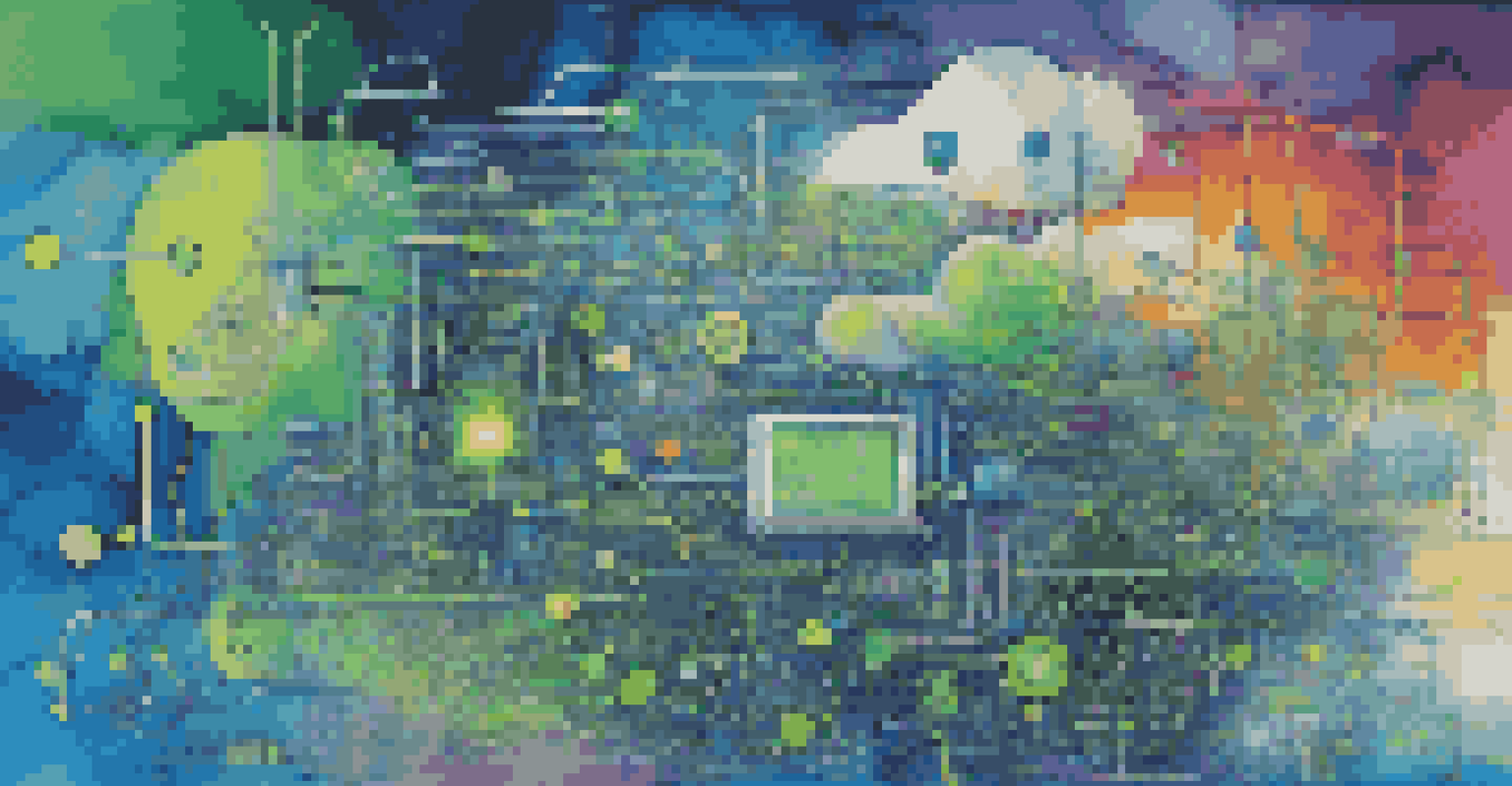 An abstract digital collage representing innovation in technology, with cloud computing and AI elements in vibrant colors and circuit patterns.