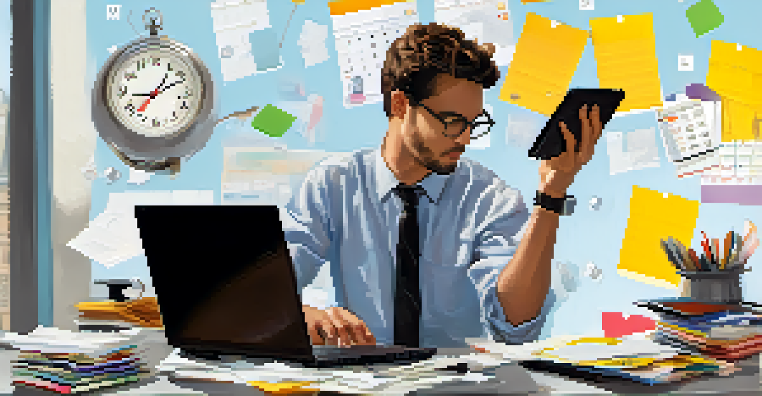 A freelancer managing multiple tasks at a desk with a laptop, phone, and sticky notes, surrounded by a busy work schedule.