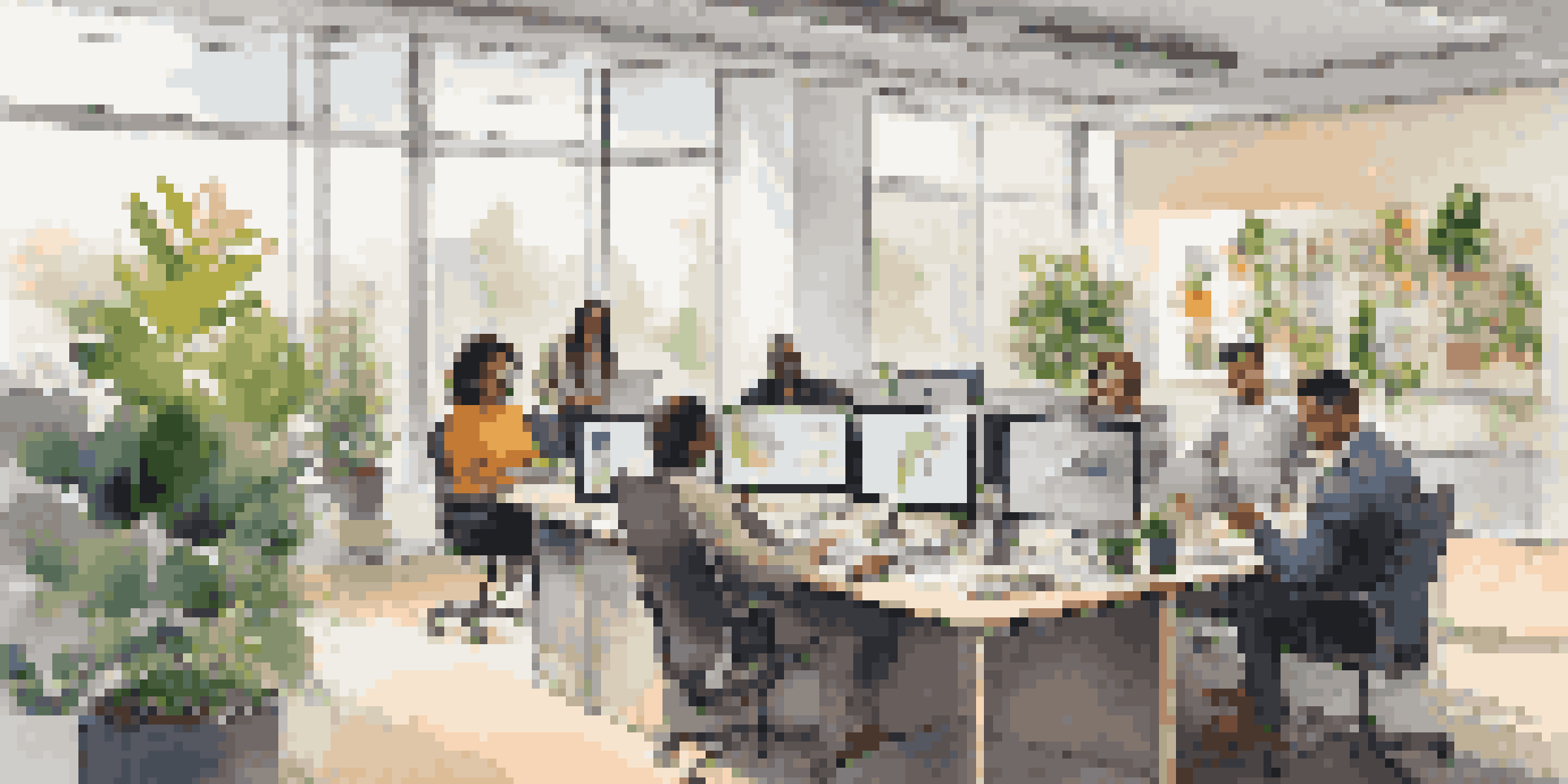 A young professional participating in a video call in a bright, modern office surrounded by plants, with a smile while taking notes.
