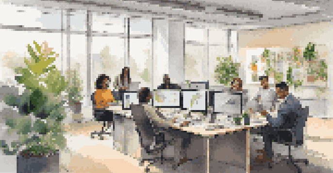 A young professional participating in a video call in a bright, modern office surrounded by plants, with a smile while taking notes.