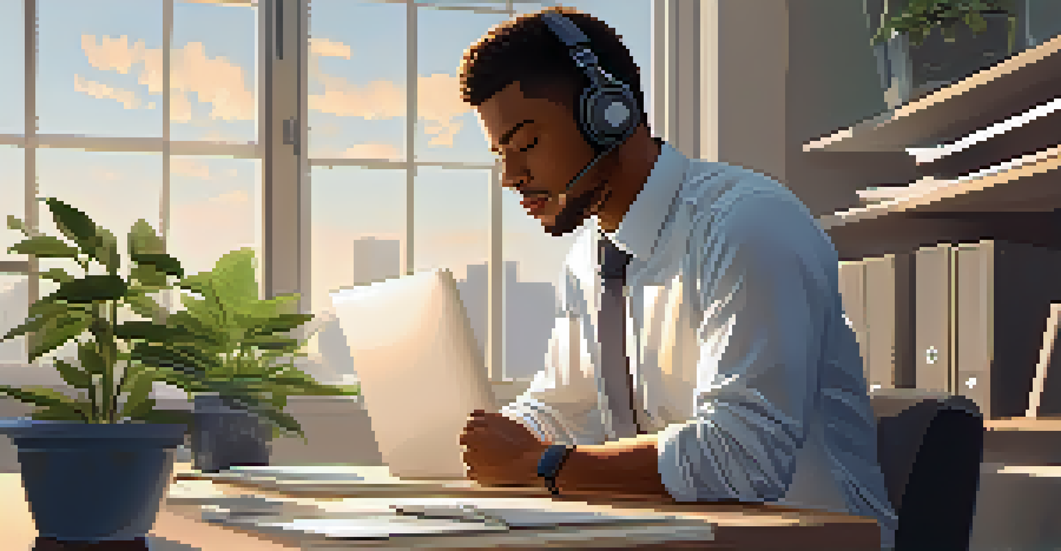An employee practicing mindful breathing at their desk, surrounded by a calm workspace.