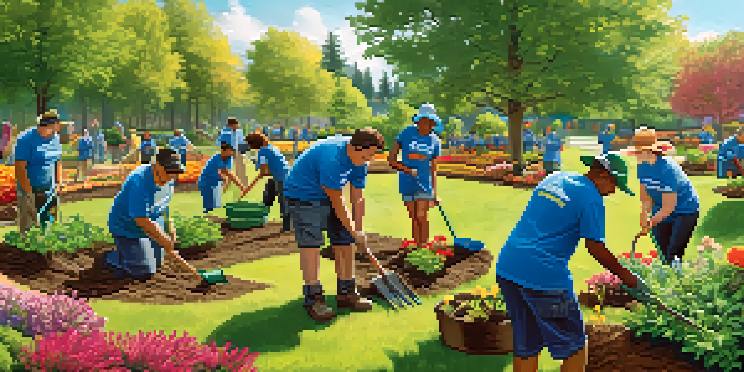Diverse employees planting trees in a sunny park during a community volunteer day, showcasing teamwork and community spirit.