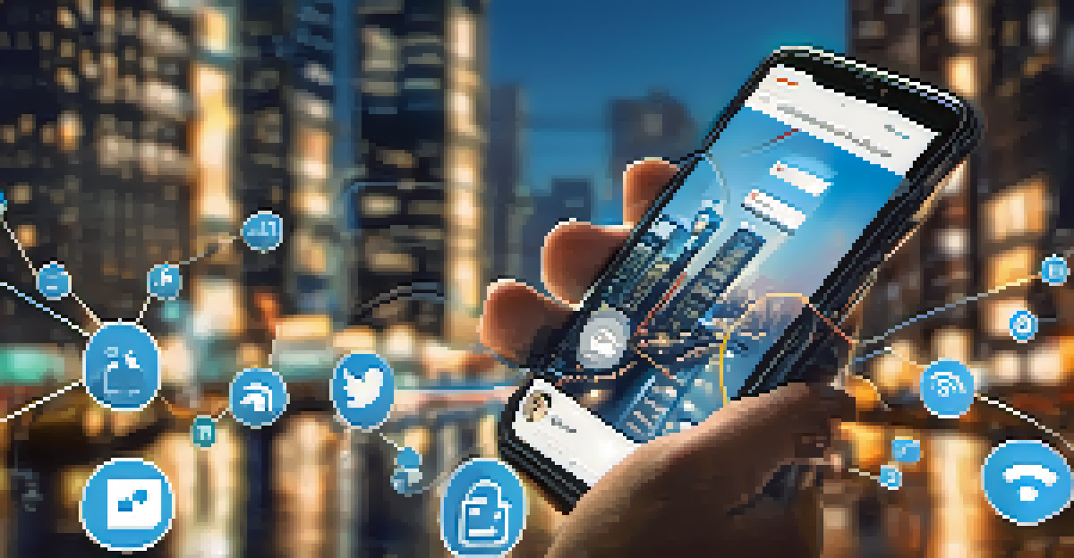 A close-up of a person networking online with a smartphone, surrounded by social media icons against a blurred city background.