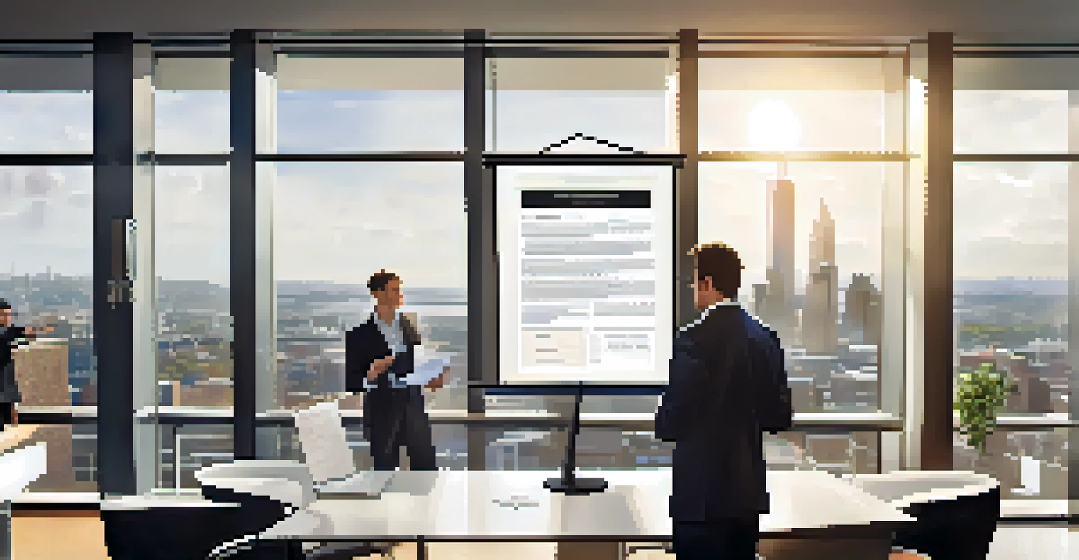 A professional presenting their resume in a modern office, with colleagues listening attentively and a cityscape visible through a window.