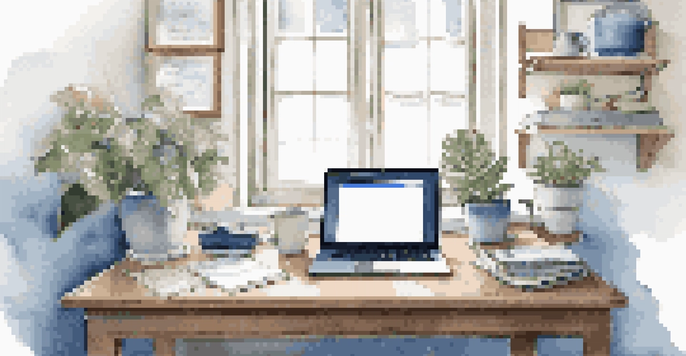 A well-organized professional workspace with a laptop, notepad, and coffee cup, illuminated by natural light.