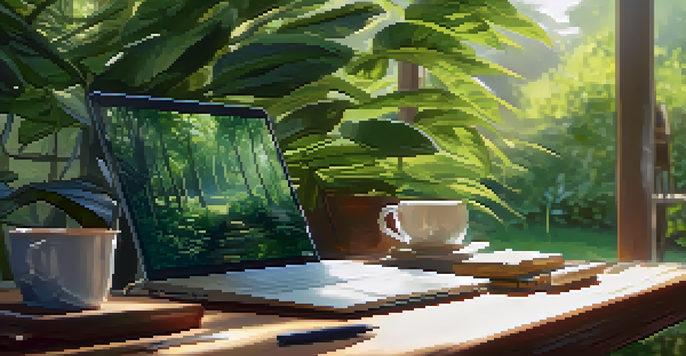 An outdoor workspace with a wooden desk, laptop, notepad, and coffee cup under a canopy of green leaves, illuminated by soft sunlight.