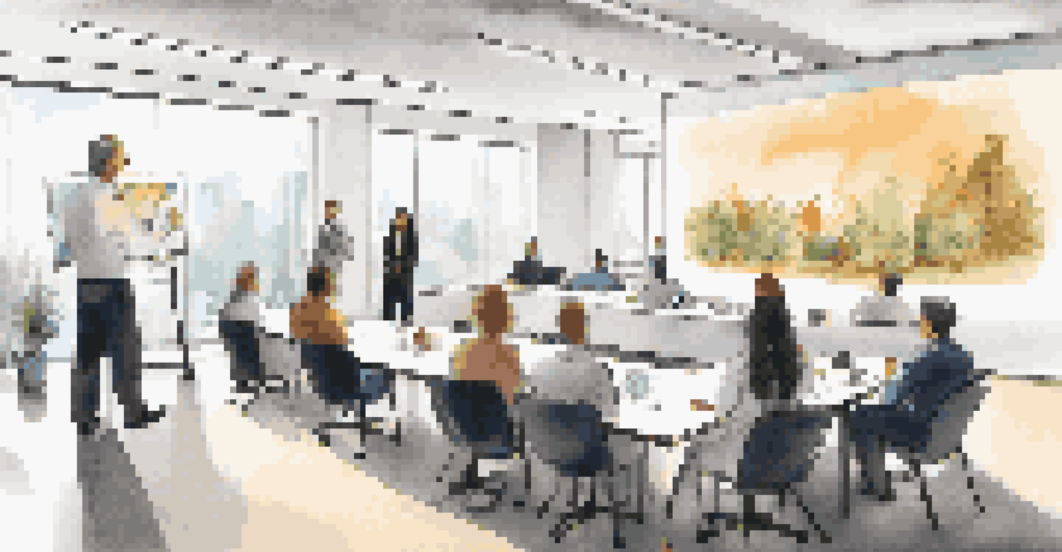 Employees in an office training session about corporate social responsibility, with a projector displaying CSR concepts and a collaborative atmosphere.