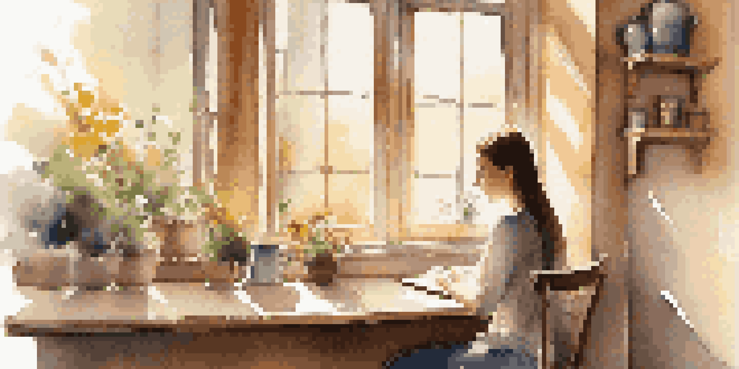 A young woman working on her laptop in a warm and inviting coffee shop, with sunlight streaming through the window and a cup of coffee on the table.