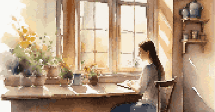 A young woman working on her laptop in a warm and inviting coffee shop, with sunlight streaming through the window and a cup of coffee on the table.