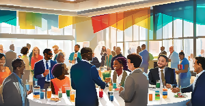 A lively networking event with diverse professionals talking and exchanging business cards in a modern conference hall.