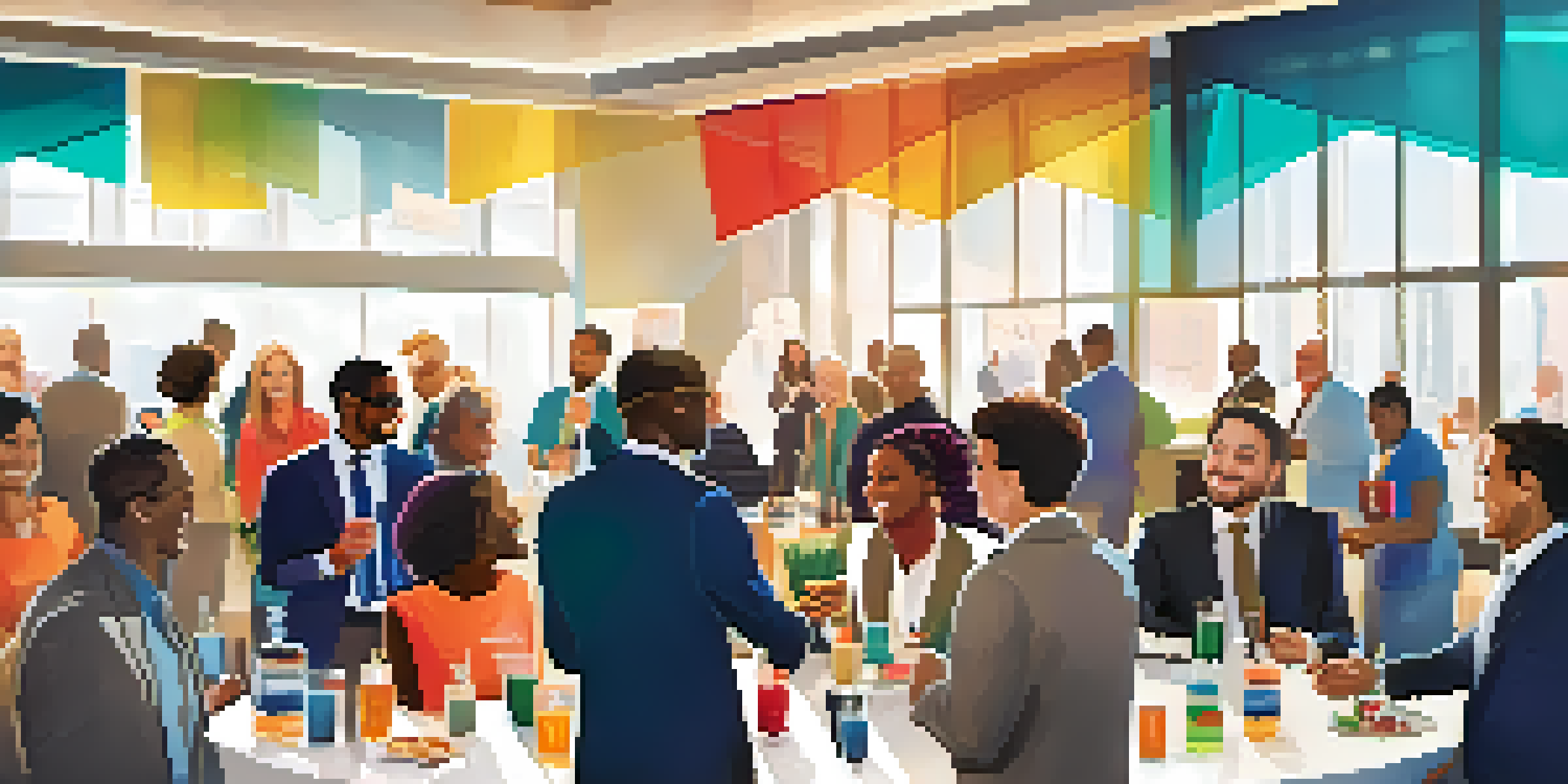 A lively networking event with diverse professionals talking and exchanging business cards in a modern conference hall.