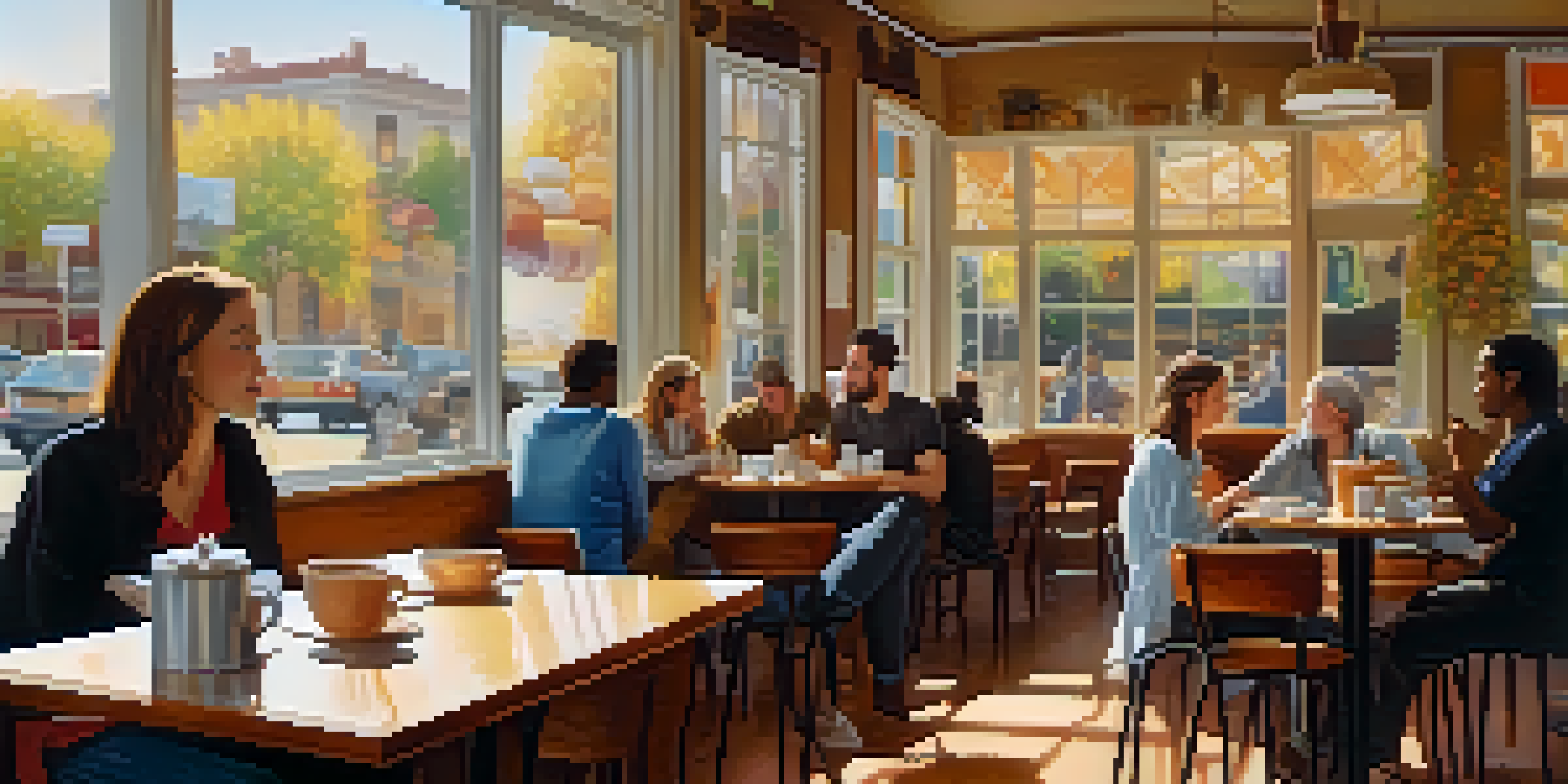 A cozy coffee shop with diverse individuals deeply engaged in conversation, emphasizing the art of active listening.