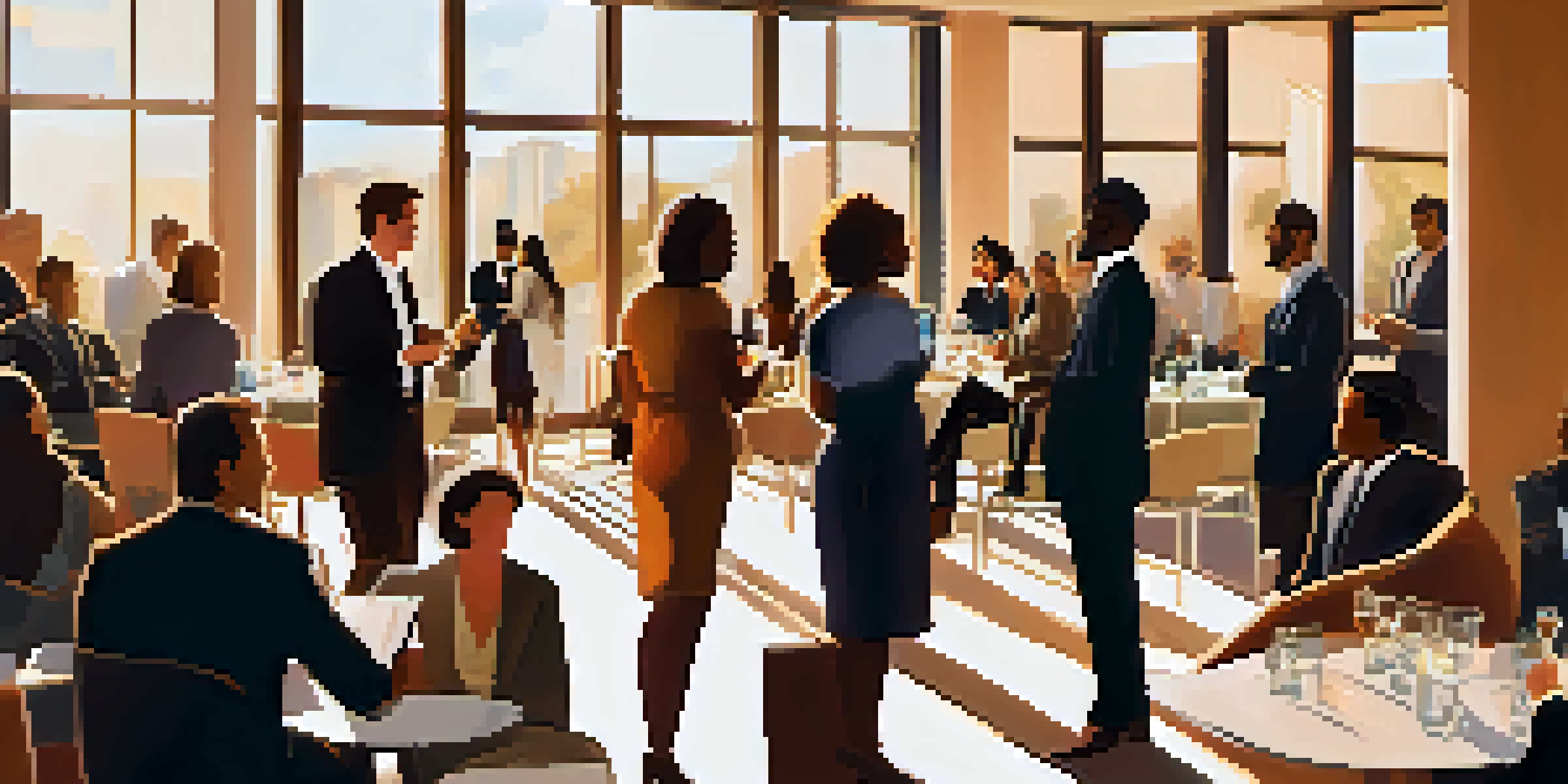 A vibrant networking event with diverse professionals engaged in conversation in a well-lit conference room.