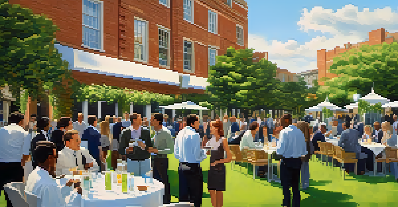 Professionals networking outdoors, exchanging ideas and business cards in a lively environment.