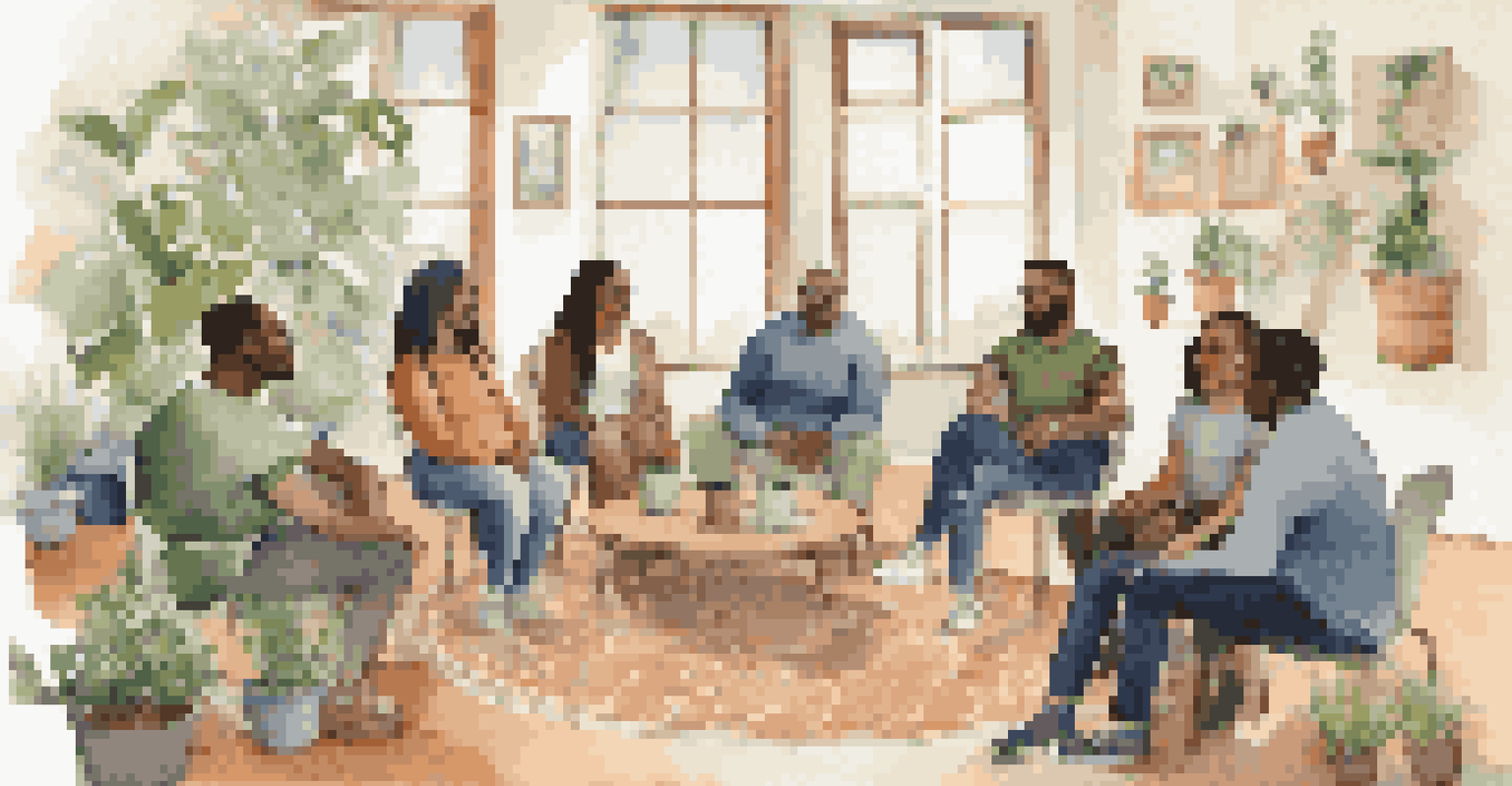 A diverse group of individuals in a support group, sitting in a circle and sharing their experiences in a bright room.