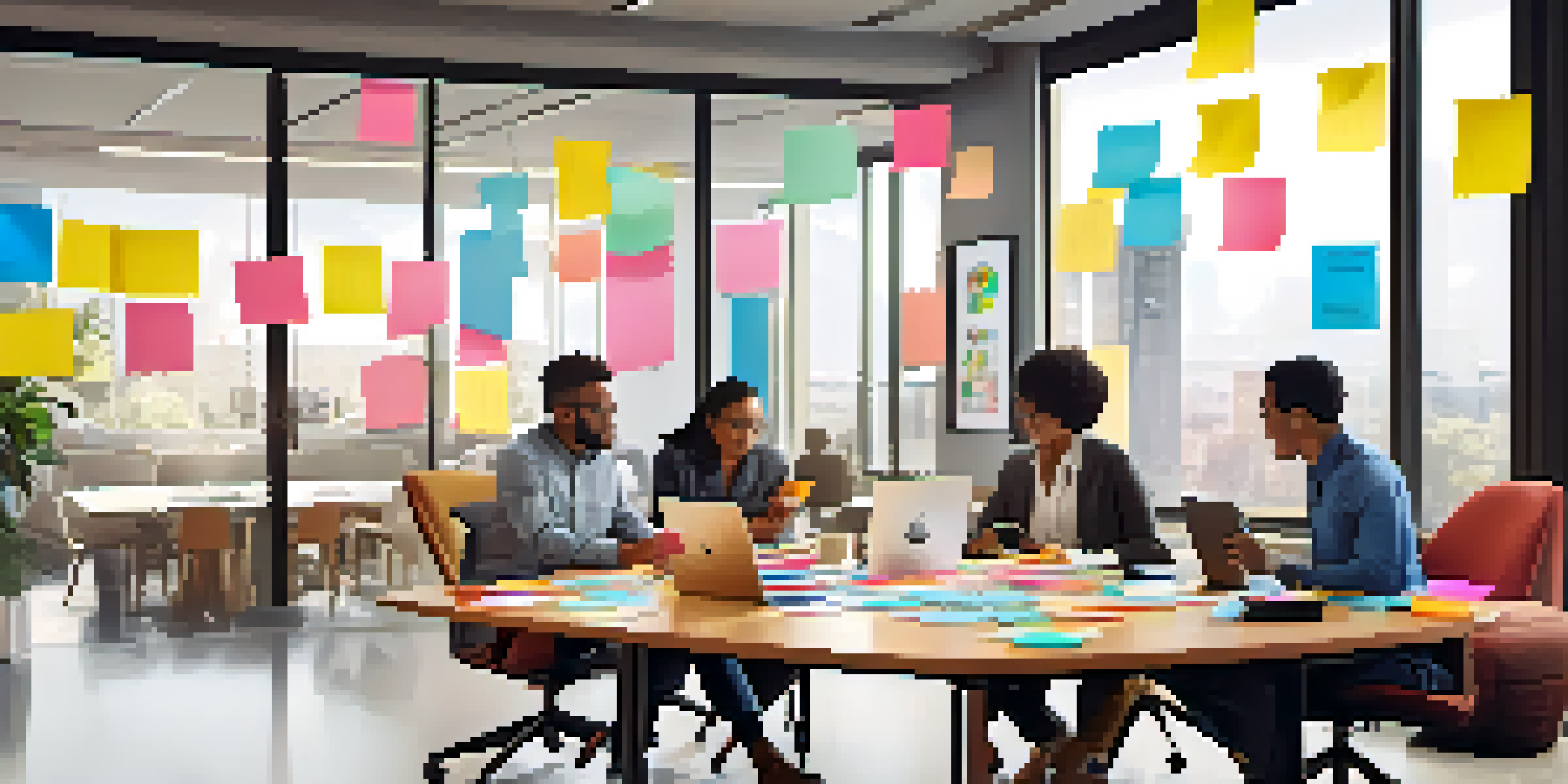 A diverse group of professionals collaborating in a bright meeting room filled with colorful sticky notes and digital devices.
