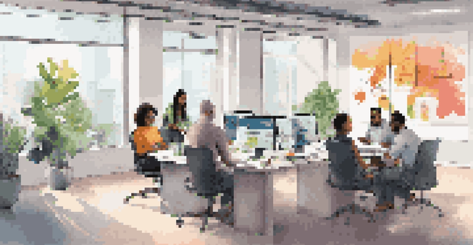 A diverse group of professionals collaborating in a modern office setting, with laptops and digital screens.