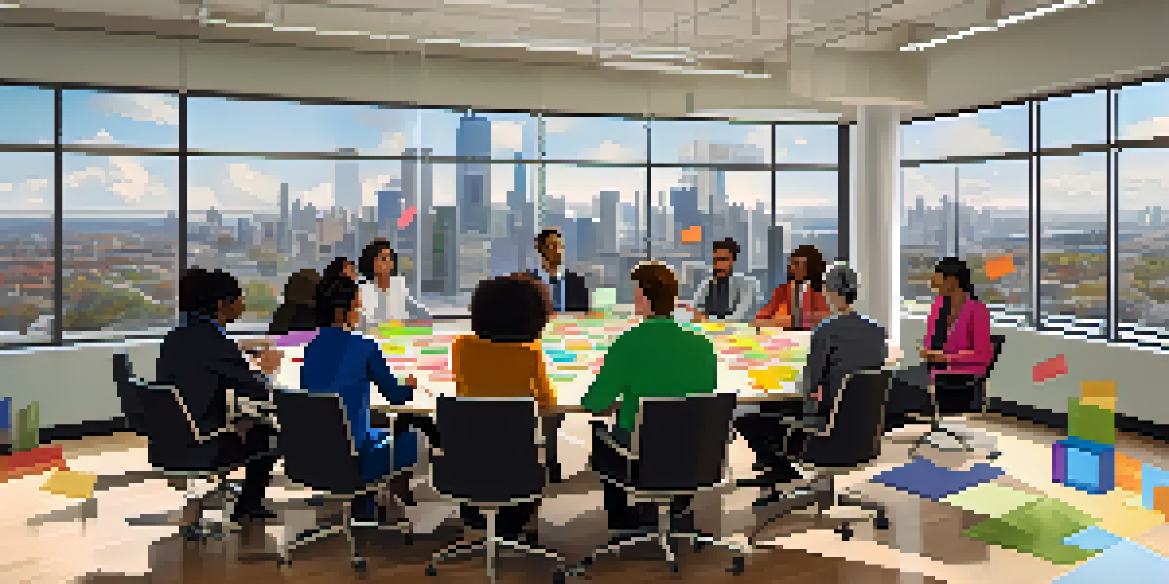A diverse group of employees in a bright conference room, discussing around a large table with colorful notes.