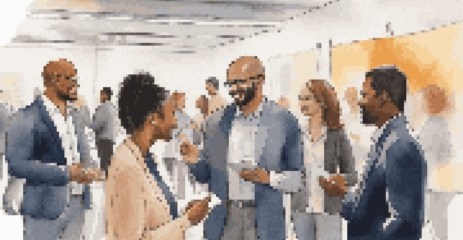 A networking event with diverse professionals interacting, exchanging business cards, and a banner about skill development in the background.