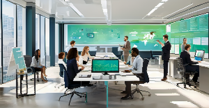 A diverse group of professionals in a modern office collaborating during a meeting with charts and digital screens.