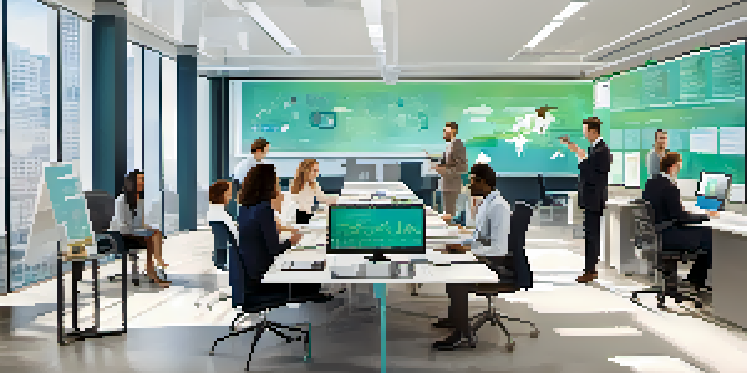 A diverse group of professionals in a modern office collaborating during a meeting with charts and digital screens.