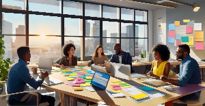 A diverse team of professionals brainstorming in a modern office, surrounded by sticky notes and laptops, with sunlight coming through the windows.