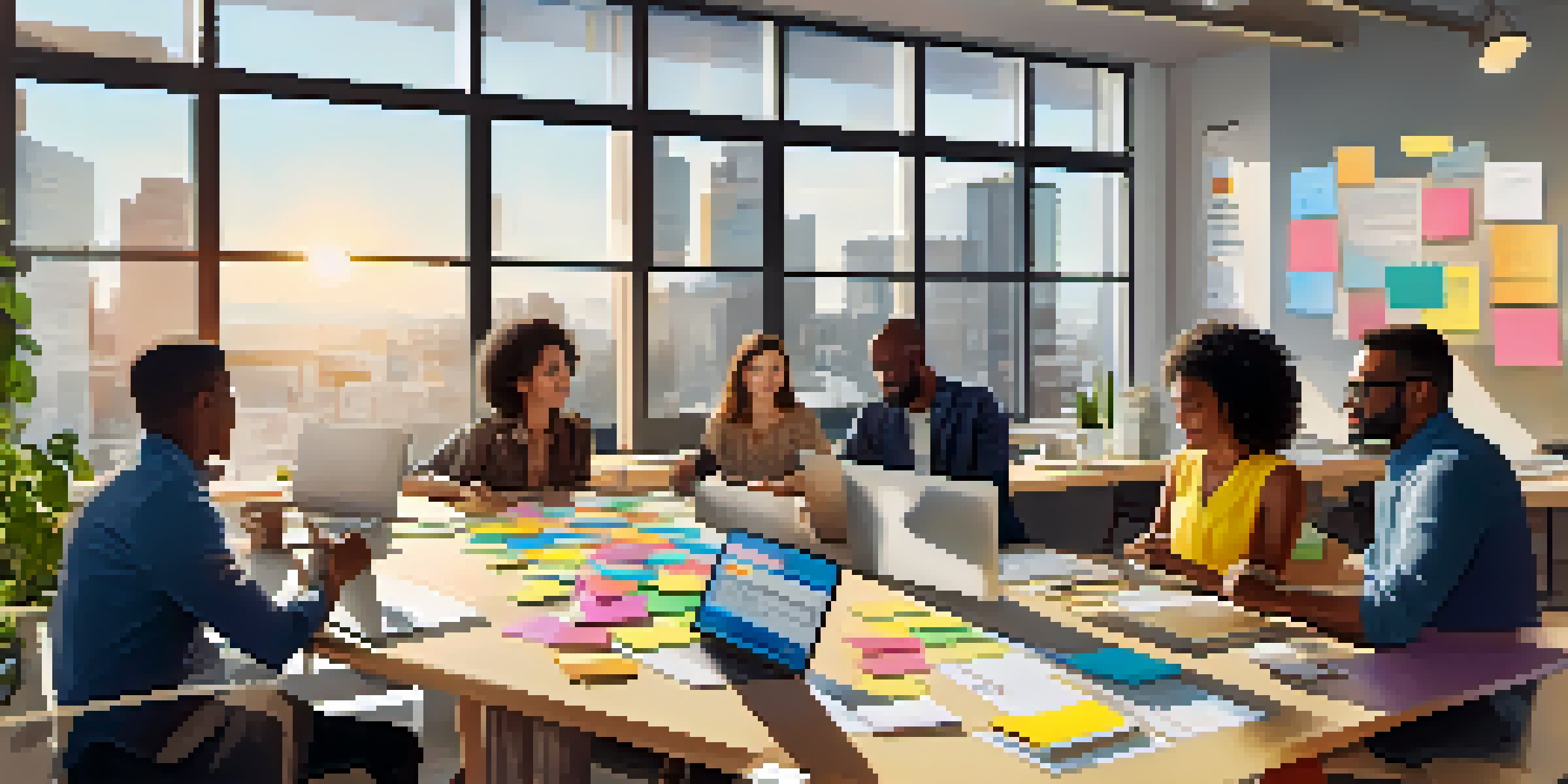 A diverse team of professionals brainstorming in a modern office, surrounded by sticky notes and laptops, with sunlight coming through the windows.