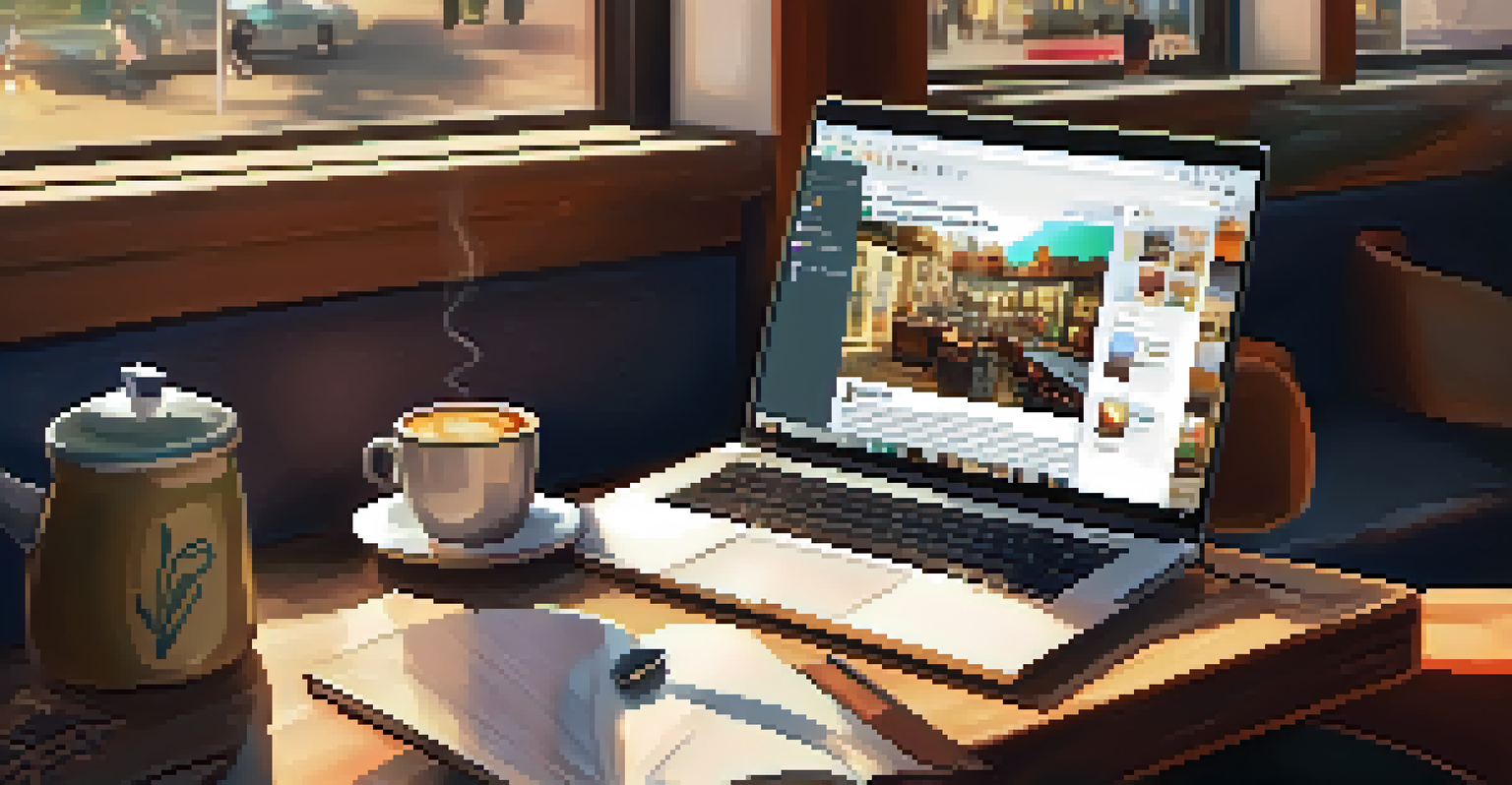 A person's hands typing on a laptop in a cozy coffee shop, with a notebook and coffee cups on the table.