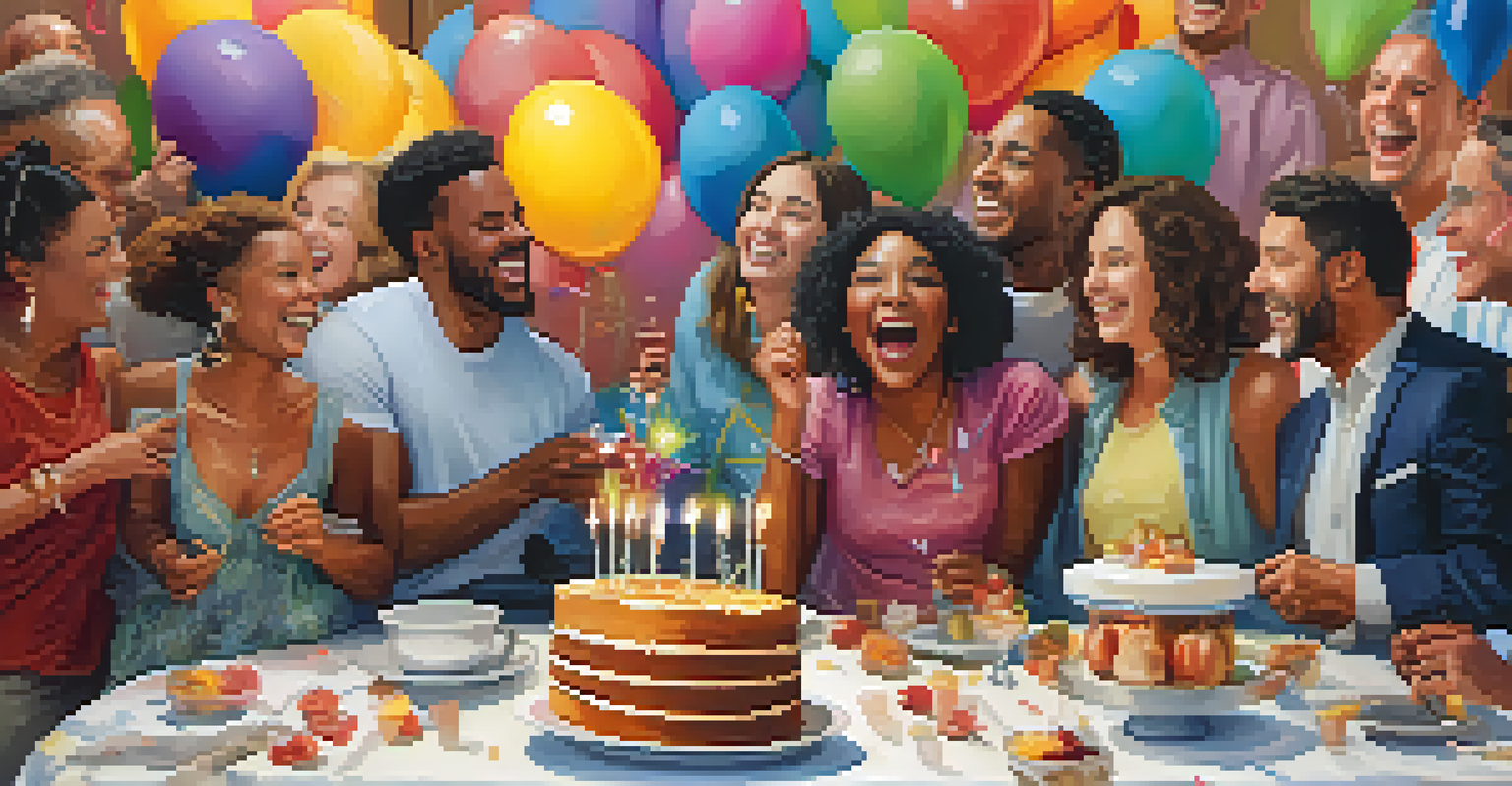 A group of diverse individuals celebrating with a cake and balloons, showcasing joy and positivity in recognizing career milestones.