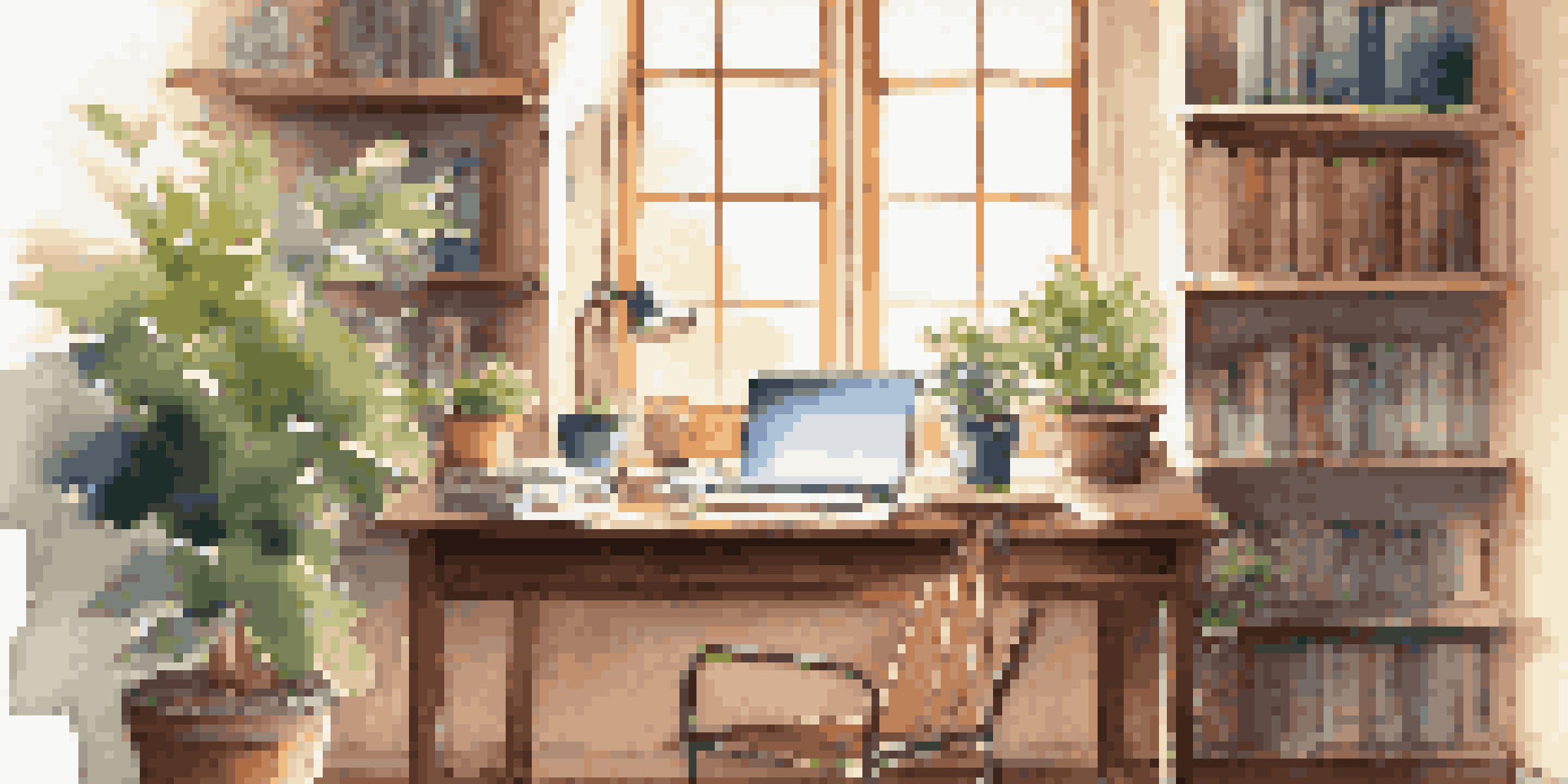 A cozy study area with a wooden desk, books, a laptop, coffee, and a potted plant, bathed in warm sunlight.