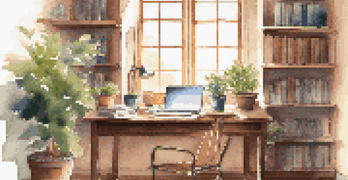 A cozy study area with a wooden desk, books, a laptop, coffee, and a potted plant, bathed in warm sunlight.