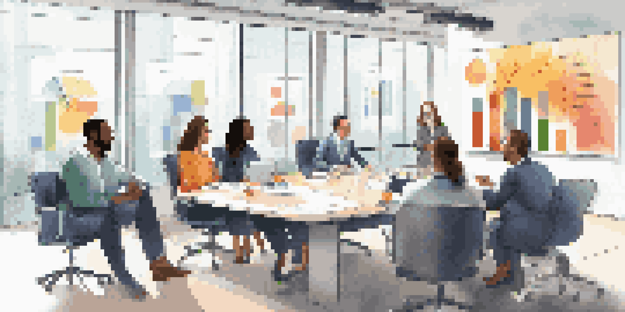 A diverse group of employees discussing benefits around a conference table in a bright office.