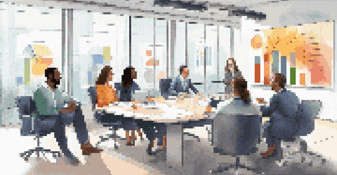 A diverse group of employees discussing benefits around a conference table in a bright office.