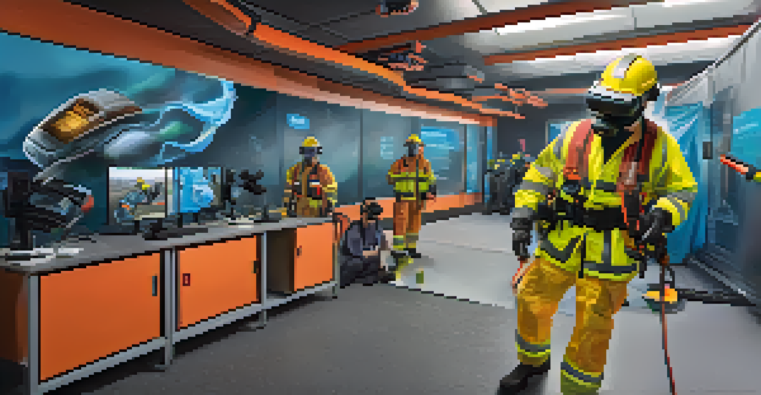 Employees using virtual reality headsets in a simulated emergency training scenario.