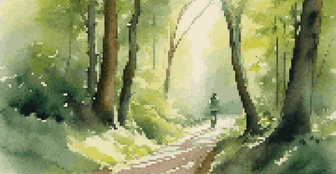 A person standing at a crossroads in a green forest, contemplating their choices, with sunlight filtering through the trees.
