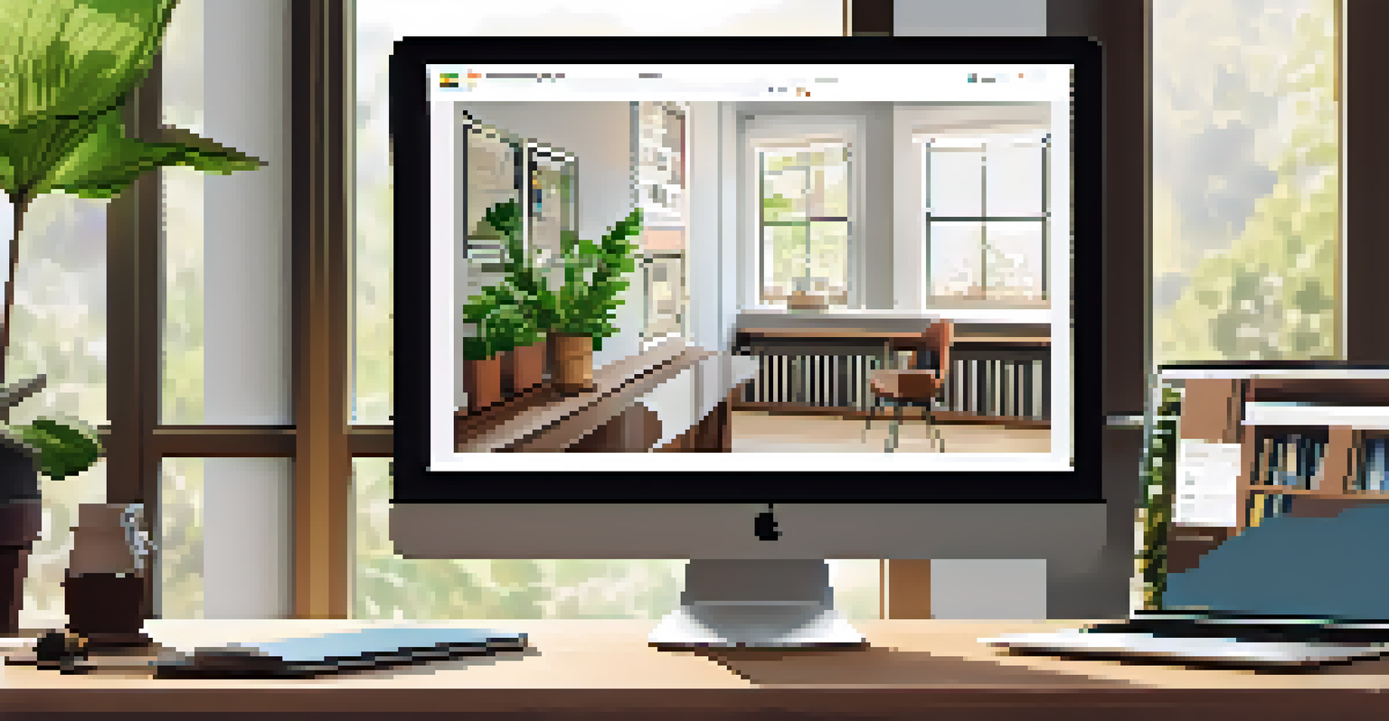 A clean and organized workspace featuring a laptop, notebooks, and a potted plant, with natural light illuminating the scene.