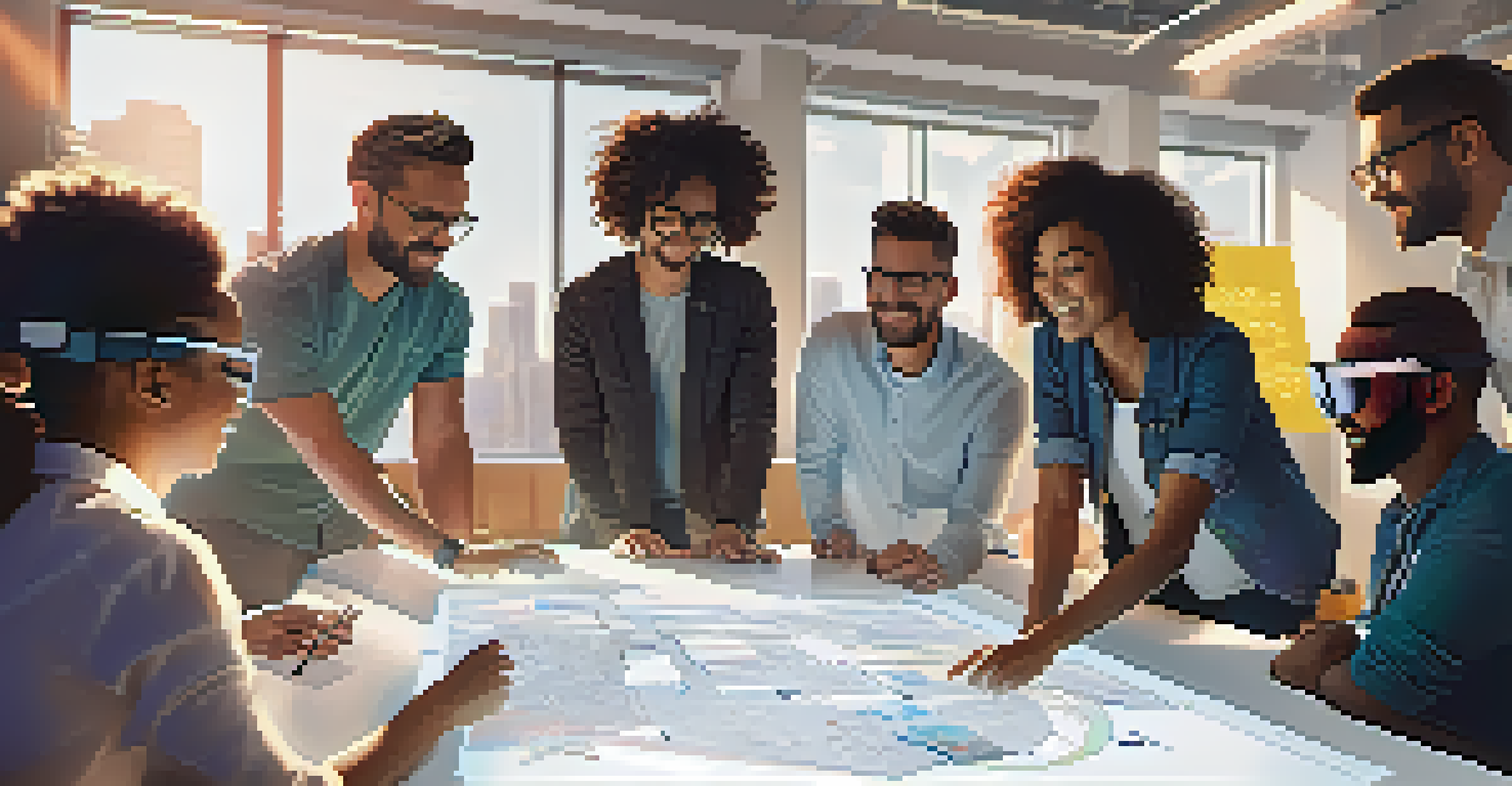A diverse team of professionals collaborating on a VR project in a modern office setting.