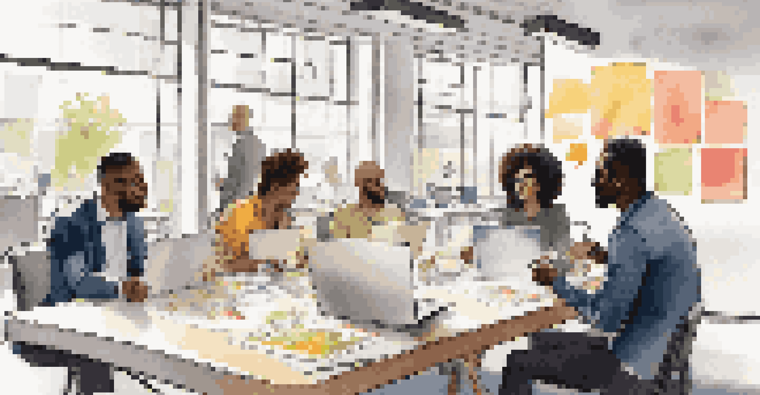 A diverse group of colleagues collaborating around a table in a bright modern office, surrounded by laptops and notes.