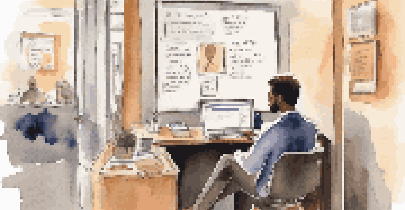 A person practicing their elevator pitch at a desk, with notes and a laptop, in a cozy and motivational environment.
