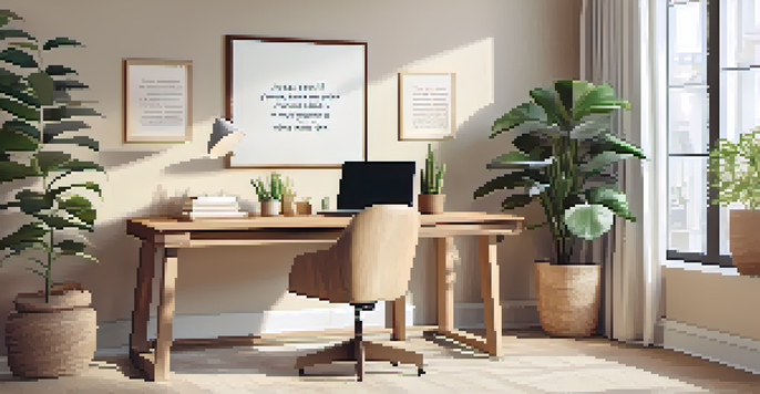 A bright and inviting office space with natural light, a wooden desk, and a potted plant, designed to evoke a sense of calm and productivity.