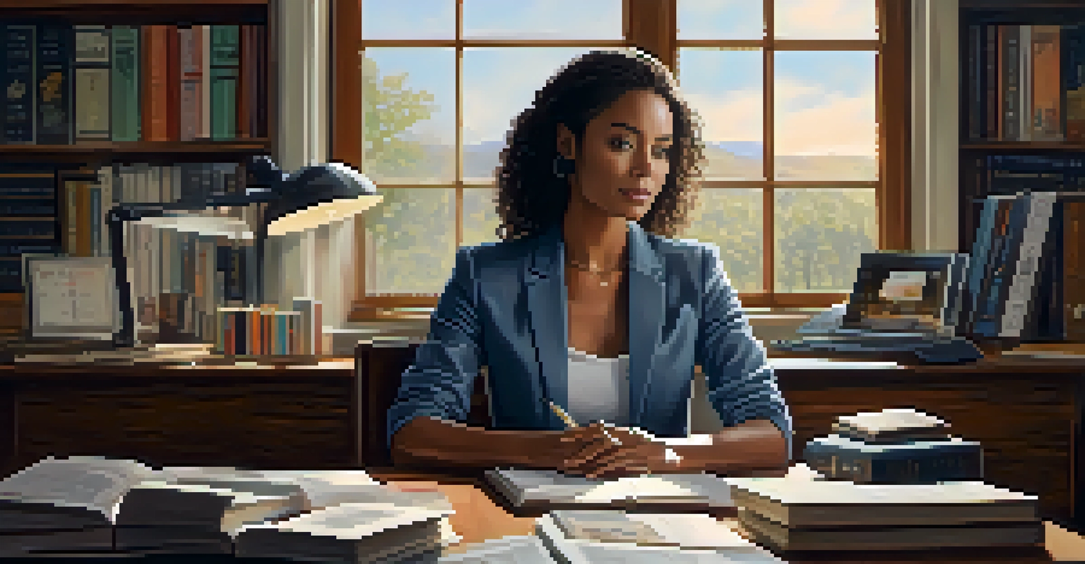 A professional woman working at her desk, engaged in learning with a laptop and books around her, in a well-lit room.