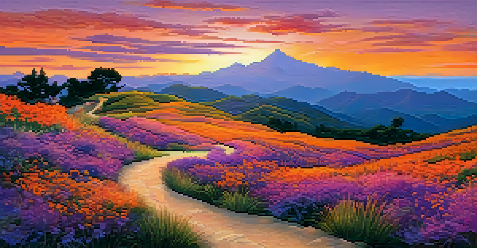 A winding path through a colorful mountain landscape at sunset, with a figure walking along the trail surrounded by blooming wildflowers.