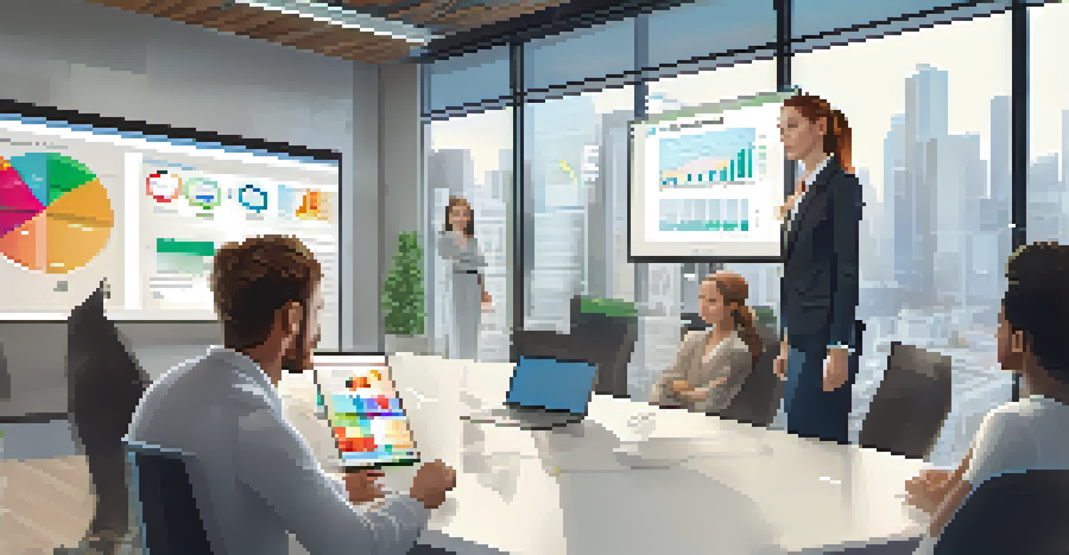A young woman intern presenting a marketing project in a modern office to engaged professionals.