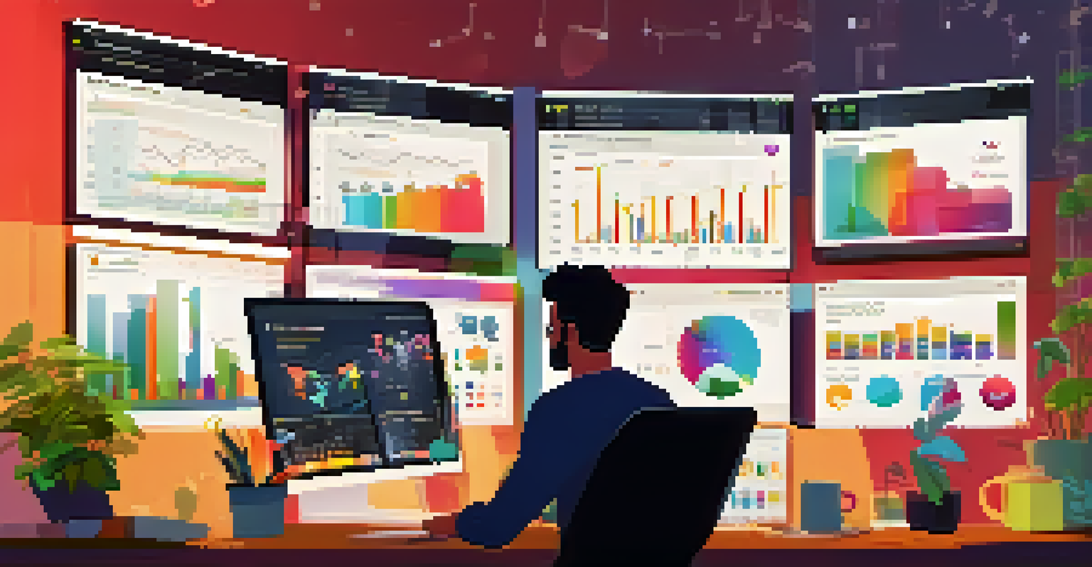 A digital marketing workspace with charts and graphs on screens, showcasing a person analyzing data.
