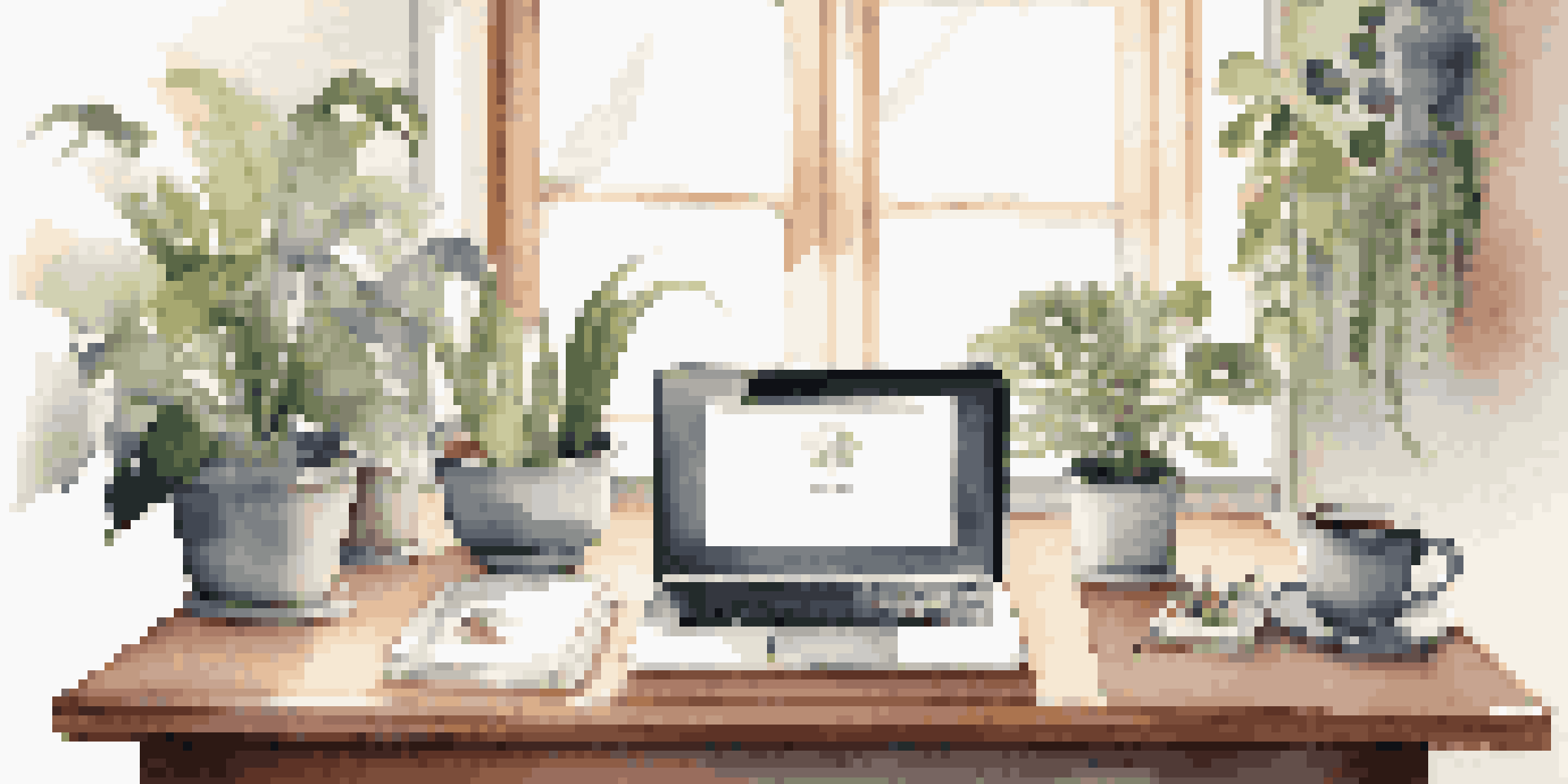 A bright and calming workspace featuring a laptop, plants, and a coffee cup, illuminated by natural light.