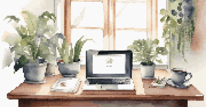 A bright and calming workspace featuring a laptop, plants, and a coffee cup, illuminated by natural light.
