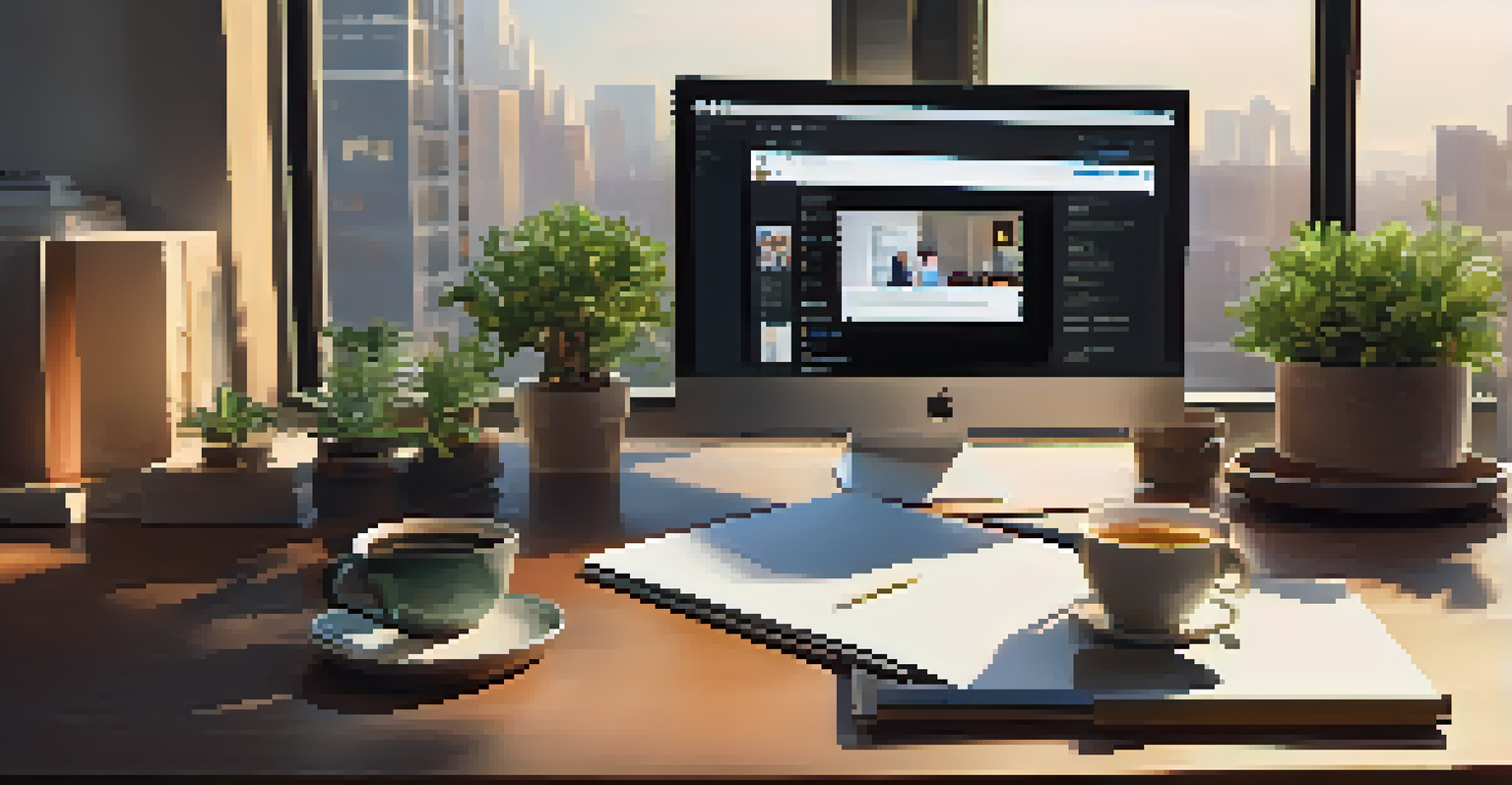 A person working at a desk with a laptop displaying LinkedIn, surrounded by a cozy workspace with a city view.
