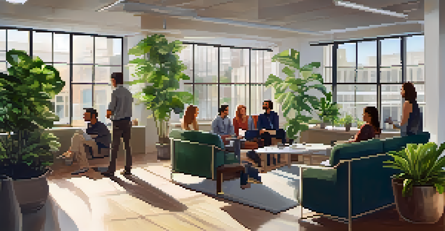 An inviting office space where employees are sharing feedback in a relaxed and friendly environment.